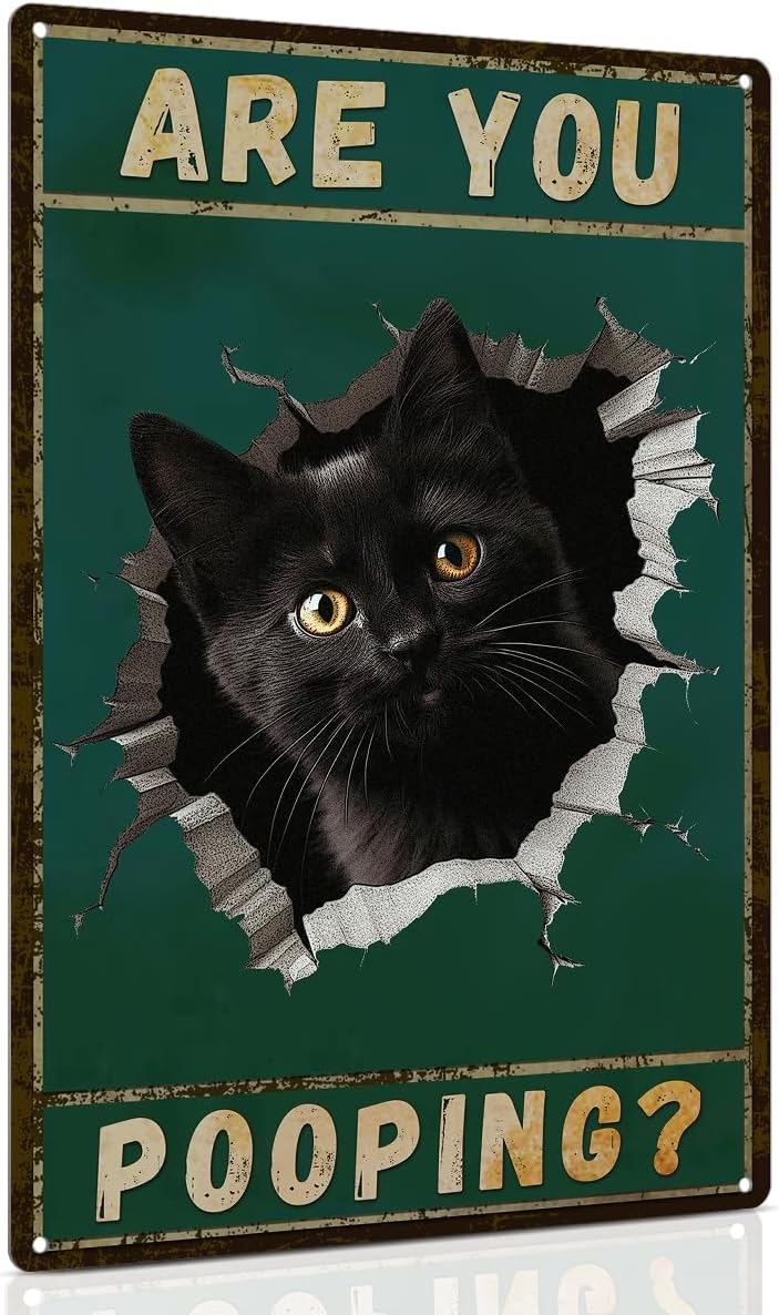 ALKB Are You Pooping Signs Funny Black Cat Sign for Bathroom Wall Decor, Vintage Cat Gift 8 x 12 Inch - Image 1